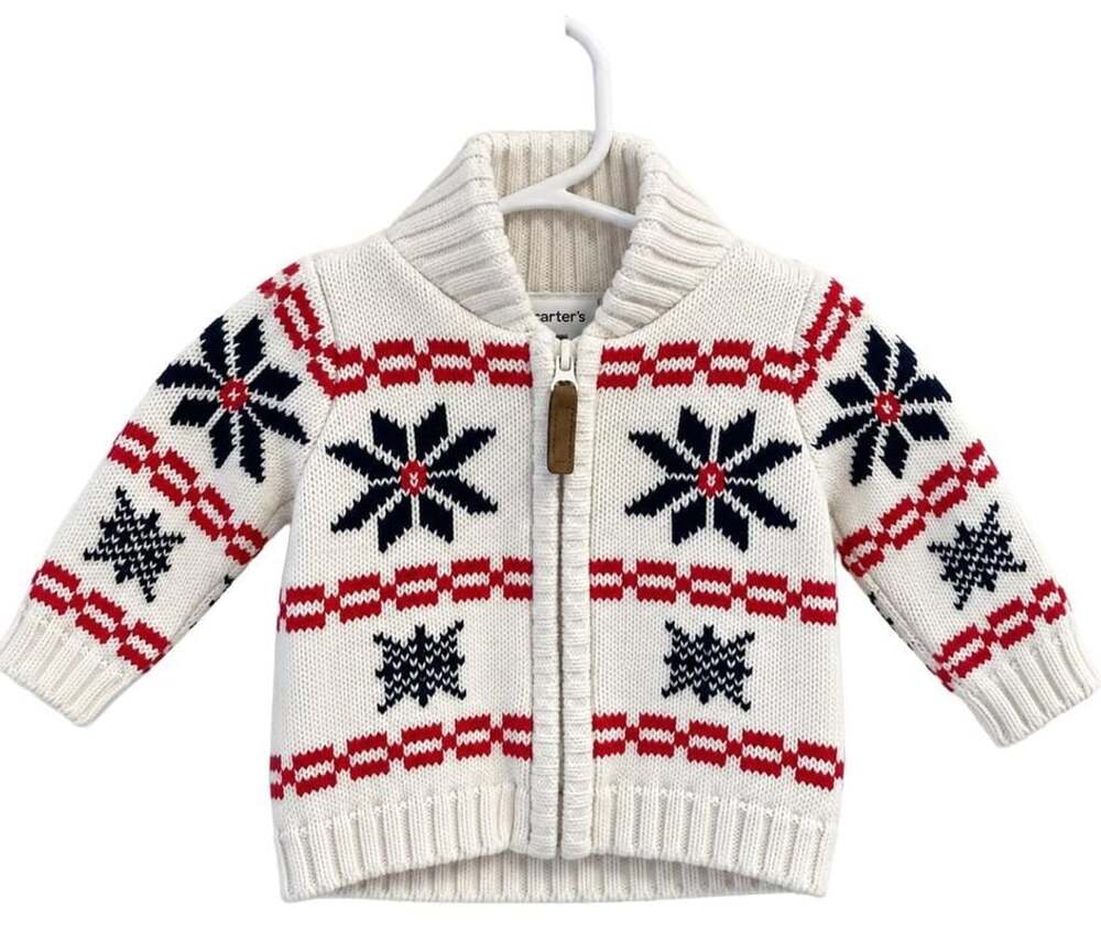 Carter’s Baby 6M Fair Isle Snowflake Full Zip Sweater Cardigan Red White Navy
